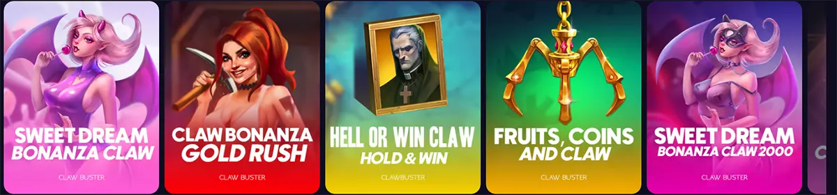 Slot game tiles showing Sweet Dream Bonanza Claw, Claw Bonanza Gold Rush, Hell or Win Claw (Hold & Win), Fruits Coins and Claw, and Sweet Dream Bonanza Claw 2000.