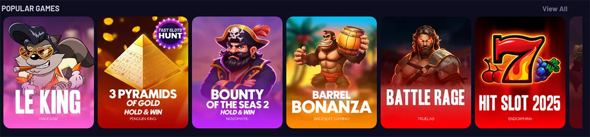 Popular games row showing Le King, 3 Pyramids of Gold Hold & Win, Bounty of the Seas 2 Hold & Win, Barrel Bonanza, Battle Rage, and Hit Slot 2025.